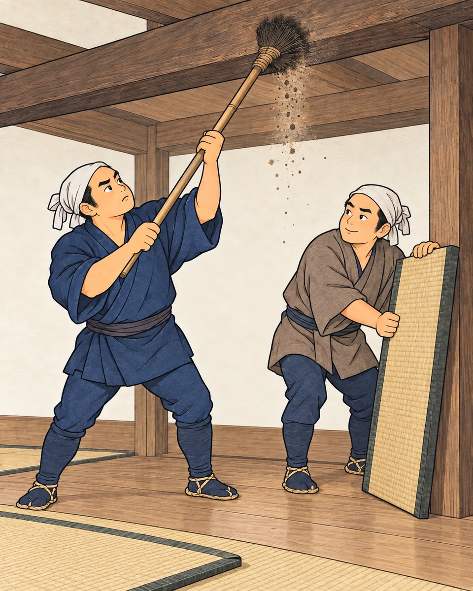 Two compact adult workers in practical blue and brown garments and headcloths clear an Edo interior: one brushes a timber beam with a long plant-fibre brush, while the other steadies an upright removed mat.