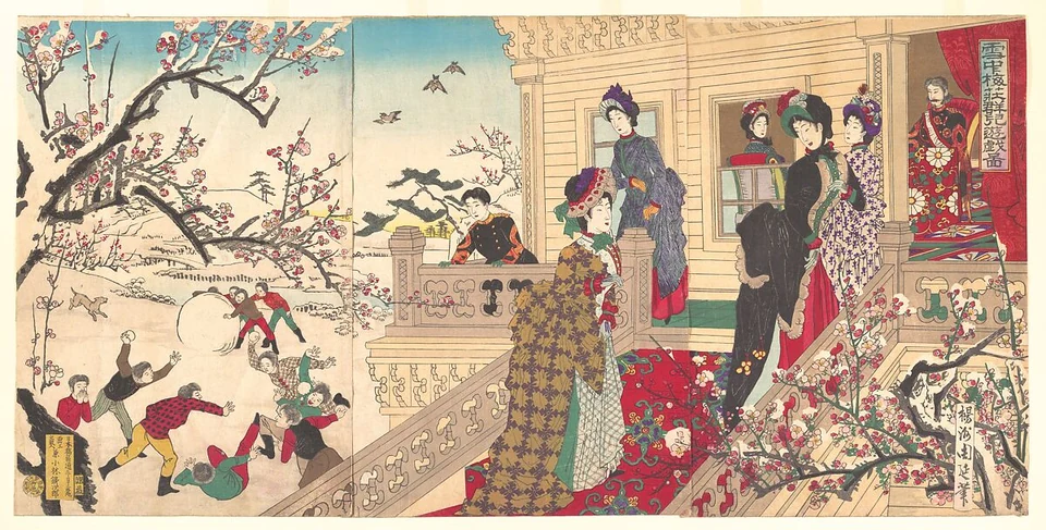 Three joined printed sheets show children playing in snow beneath flowering plum, the young imperial prince in a small military uniform on the porch, and adults in and near the building.