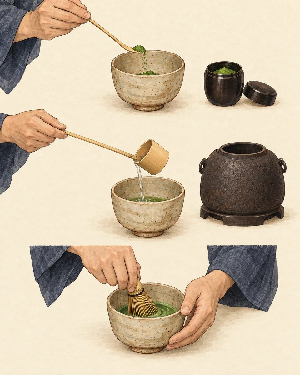 Three close views show bamboo scoop depositing green tea powder, bamboo ladle adding water beside an iron kettle, and a bamboo whisk mixing tea while the other hand steadies the same bowl.
