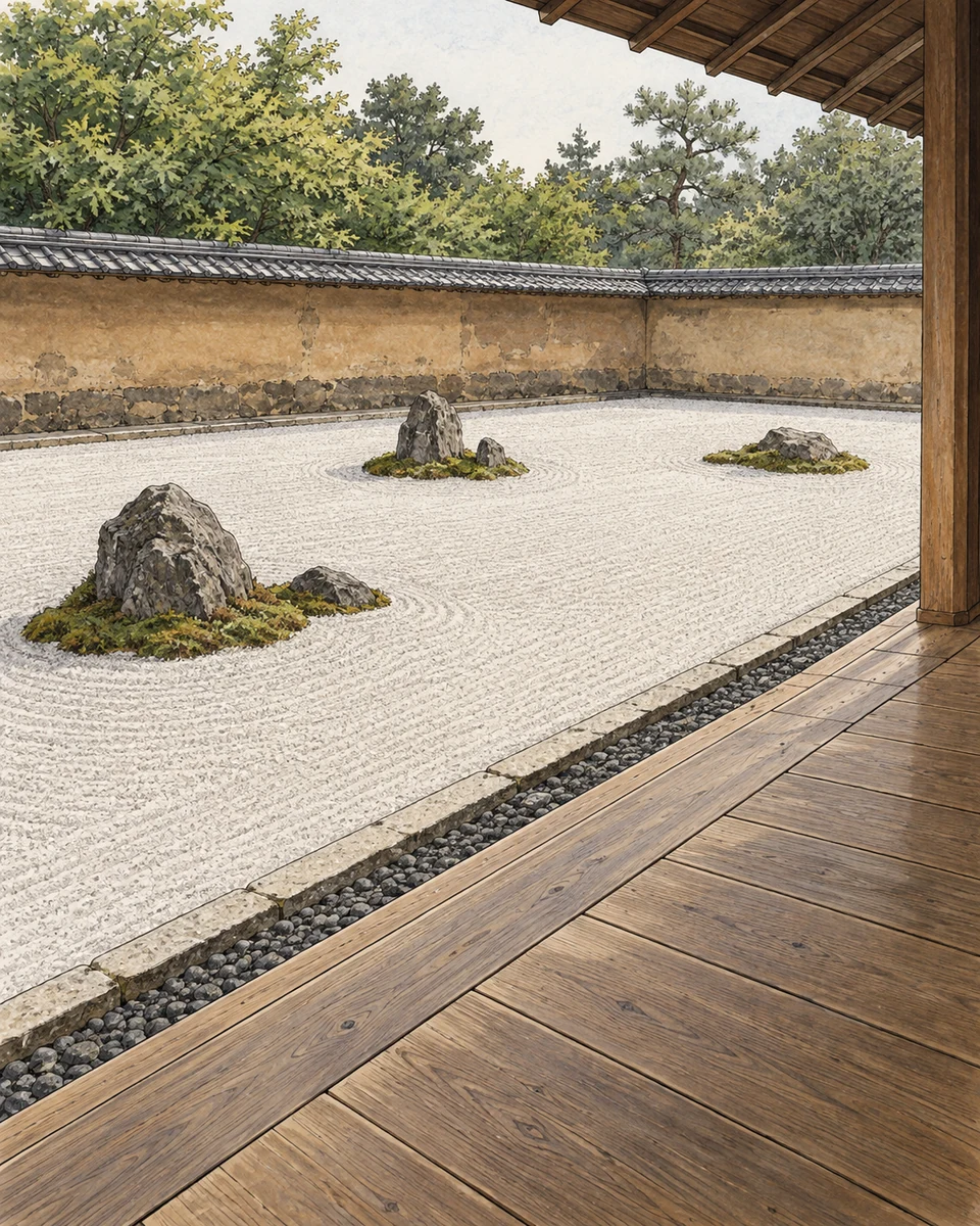 A timber veranda stays outside a raked gravel bed, separated by a narrow pebble strip and stone border; mossed rock groups stand before a low tiled earthen wall.