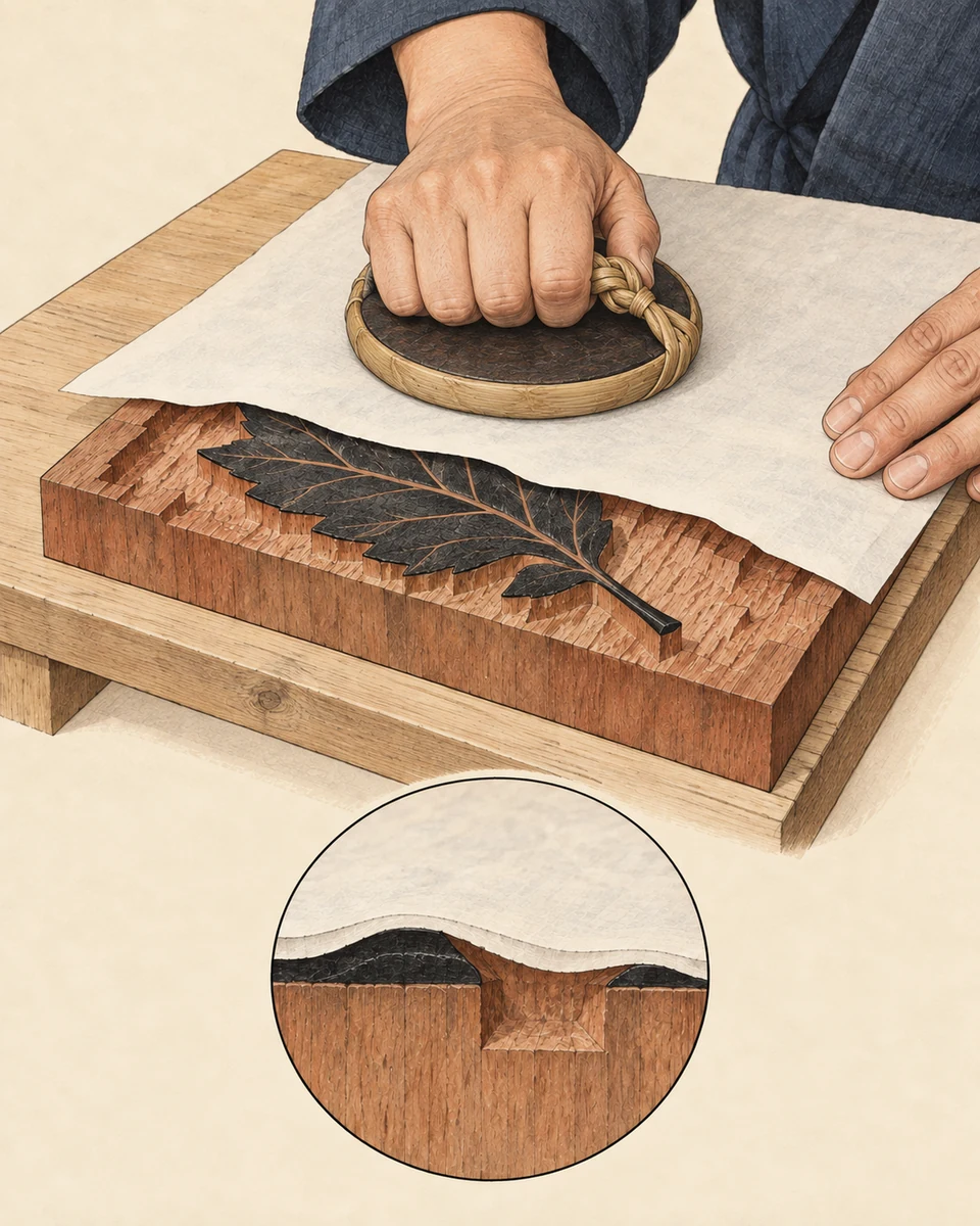A hand presses a thin bamboo-sheath baren on the back of paper laid over an inked raised leaf on a carved woodblock. A circular section shows paper touching high inked surfaces and spanning uninked recesses.
