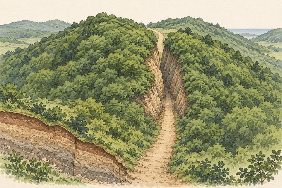 A continuous earth path passes through an open cutting in a wooded ridge; the near edge exposes layers of ground.