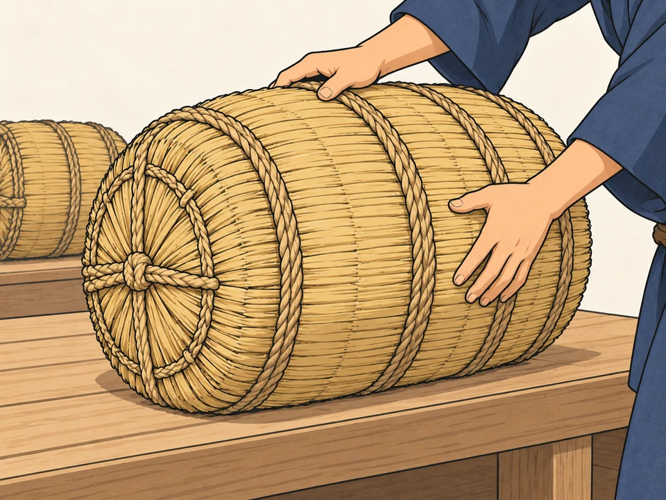Two adult hands in plain indigo sleeves steady a rope-bound straw rice bale supported on wooden boards.