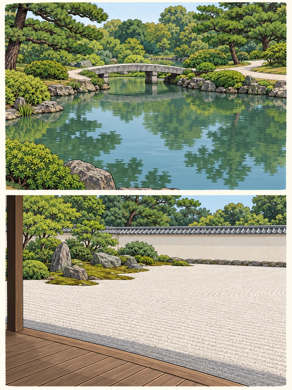 Two comparative garden studies. Above, a low bridge joins paths beside a reflective pond. Below, a timber veranda faces broad pale gravel with a planted stone group mainly to the left.
