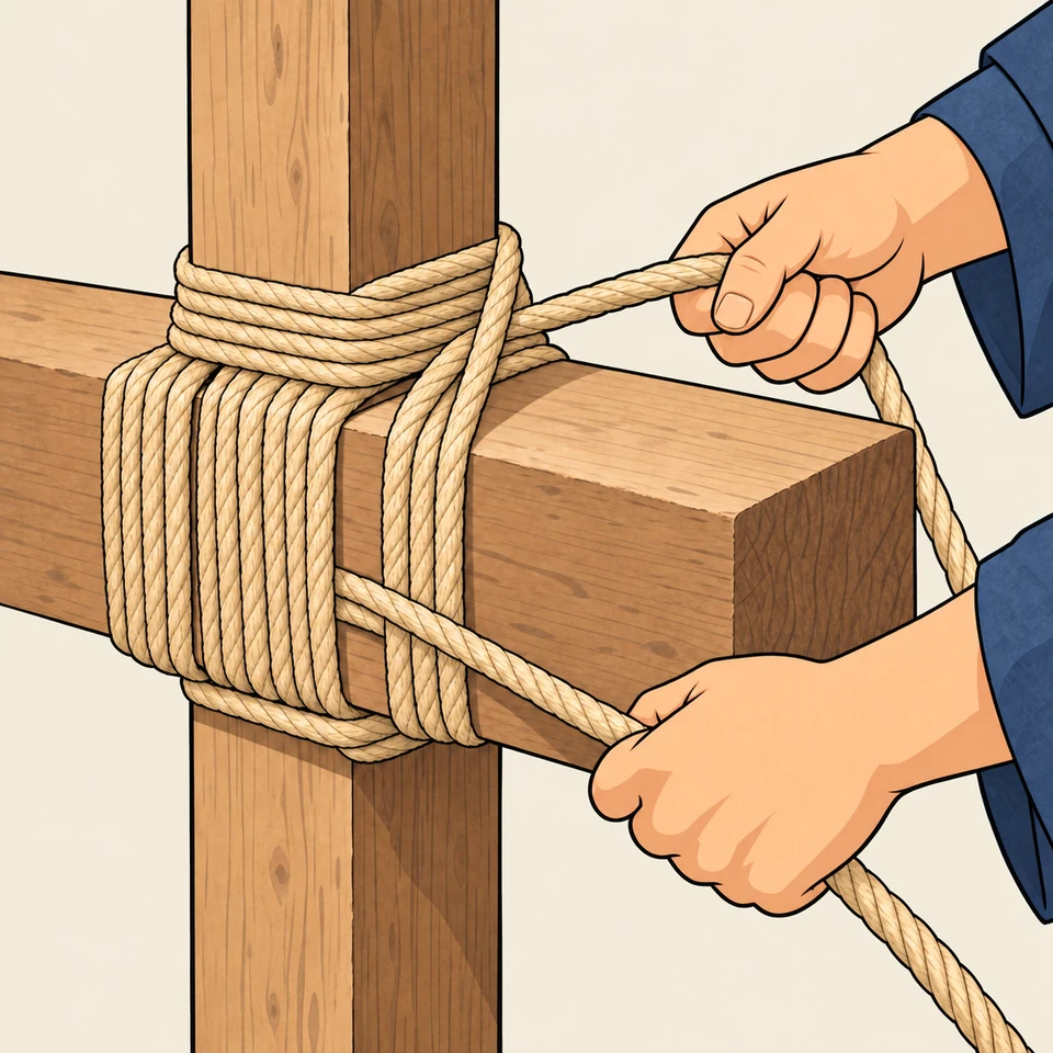 Two adult hands pull rope beside many wraps that secure a horizontal timber against an upright timber. No metal fixings appear.