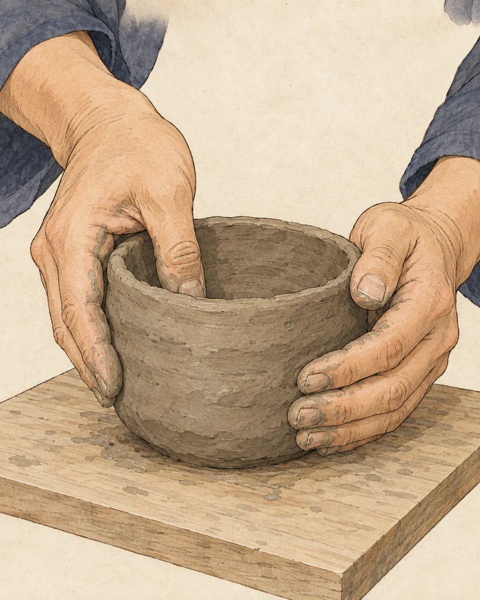 Two hands shape a clay bowl resting on a board: a thumb presses inside while fingers support the outer wall.
