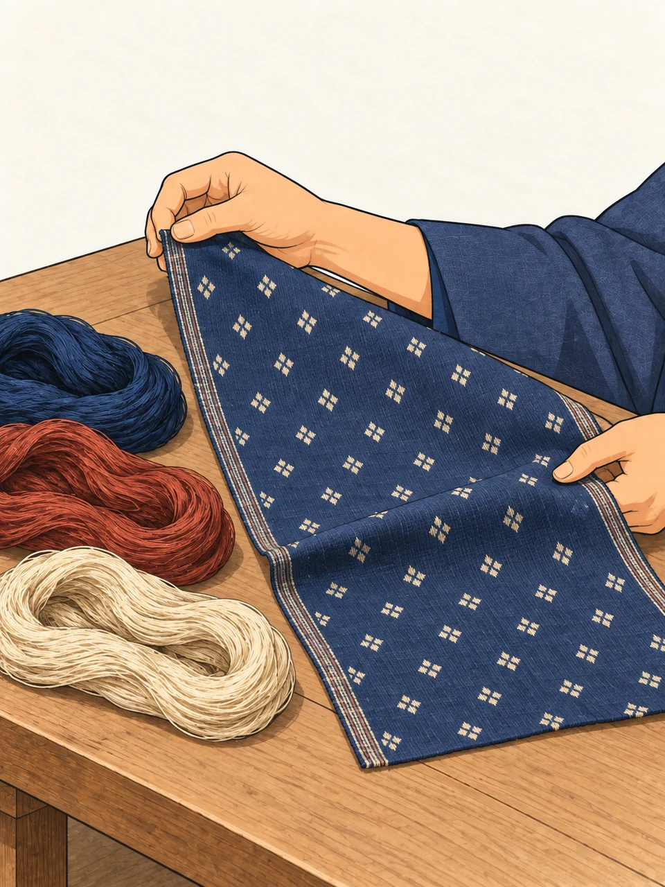 Fine indigo, rust-red and cream yarn hanks lie beside patterned blue cloth, whose supported edges are held by two hands.