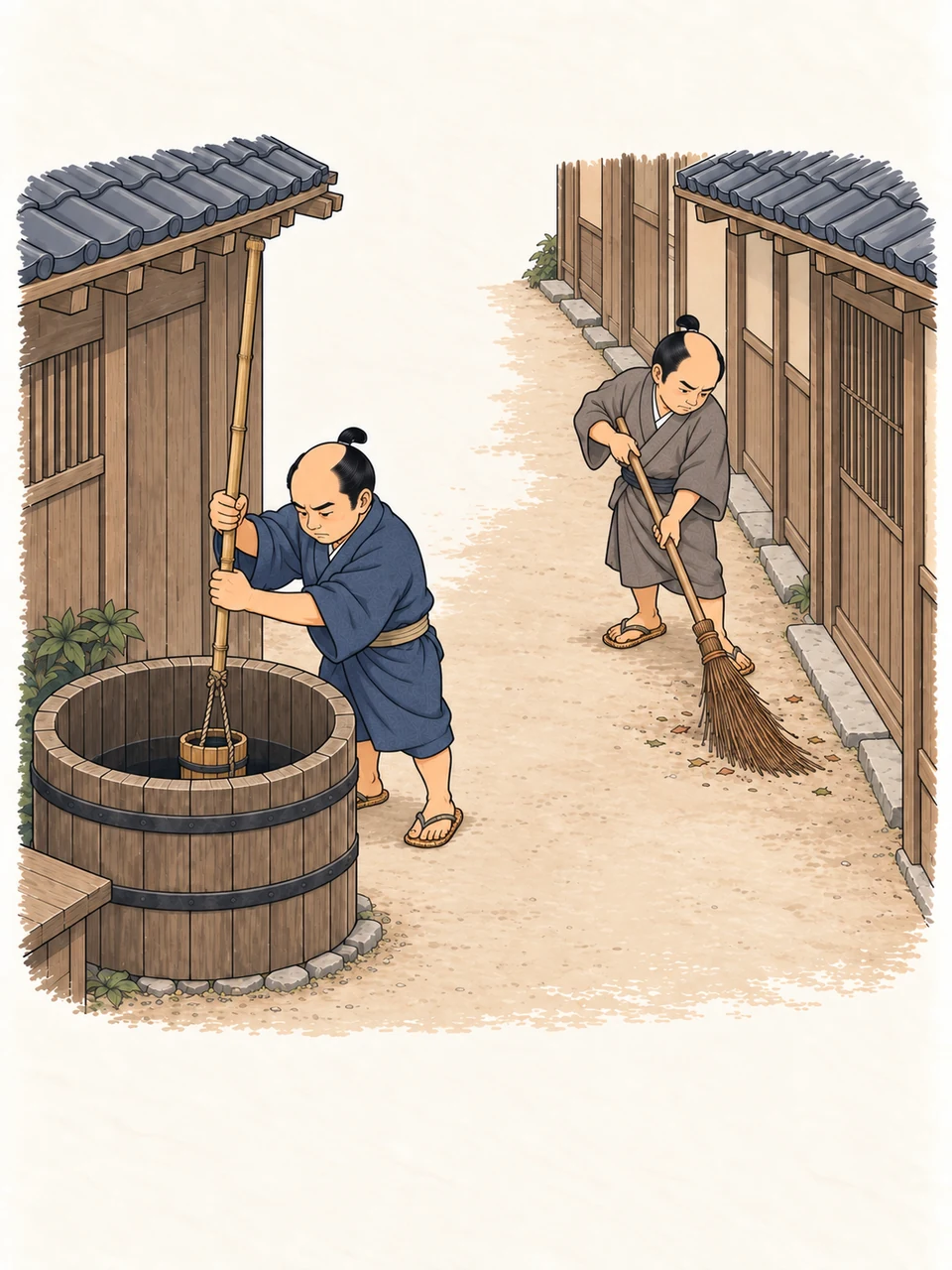 Two compact adult men work in a narrow timber-lined lane. One lifts a wooden bucket at a shared stave-built well; the other sweeps while leaving room to pass.