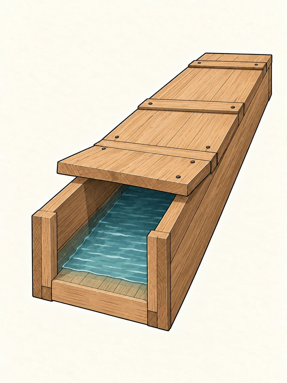 An oblique cut-ended wooden conduit shows substantial side planks, a wooden floor, water in its channel and a partly lifted flat cover.