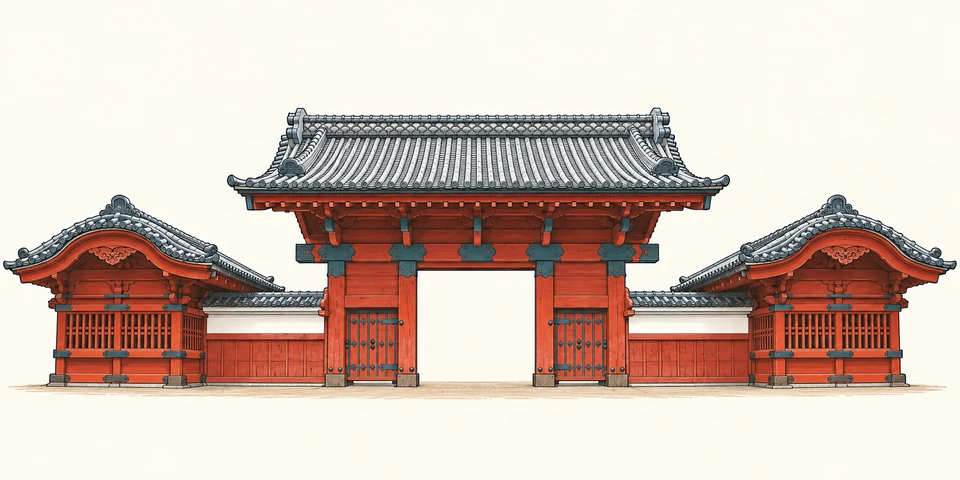 Akamon has a broad grey tiled central roof over one passage, vermilion timber and lower connecting walls to two small curved-roof guardhouses.