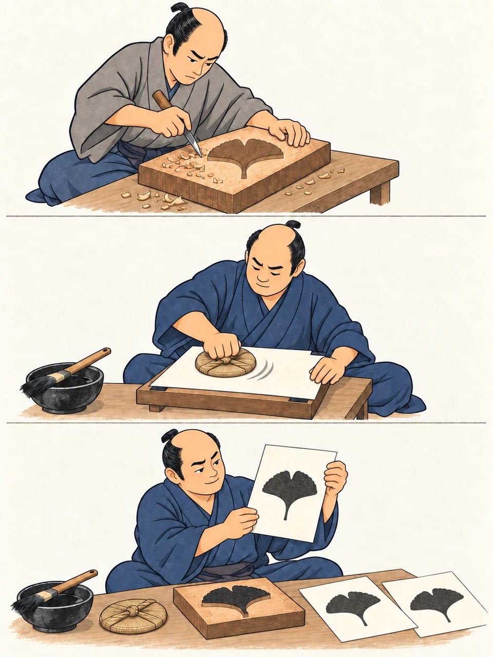 Three sequential views show a block being carved, paper rubbed with a baren and several matching monochrome impressions.