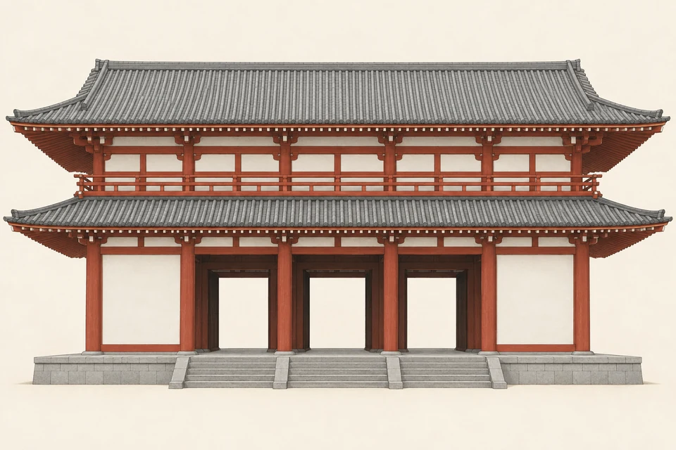 A red-timber gate has two grey tiled roof tiers, five front bays, three central open passages and white side panels, above a stone platform with three stair runs.