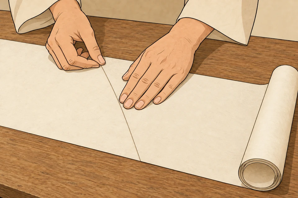 Two adult hands align and press a straight overlap between blank paper sheets on a wooden worktop. The joined strip continues to a partly rolled end on the right.