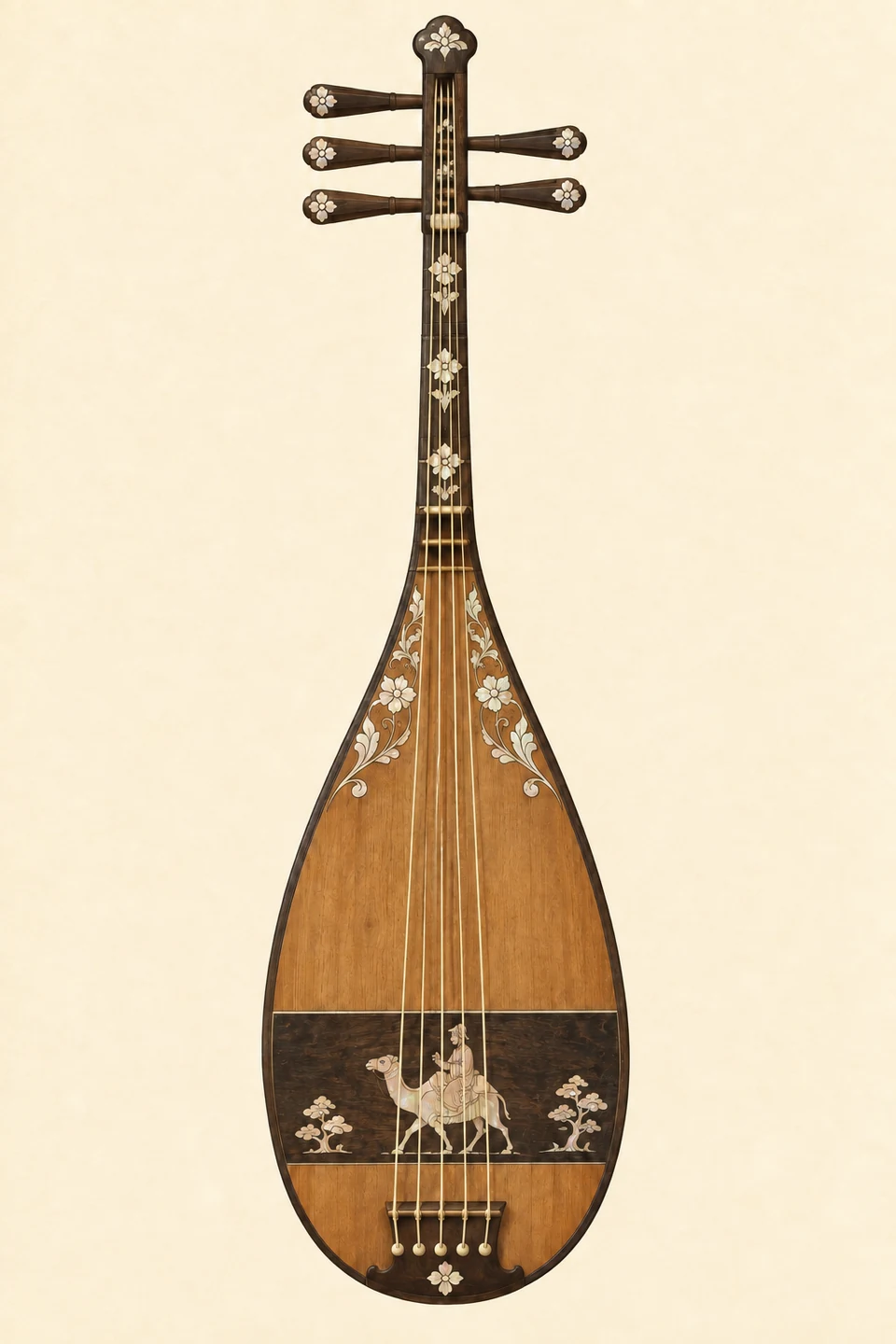 A long straight-necked pear-shaped wooden biwa has five tuning pegs, three on the left and two on the right, and five strings ending at five lower attachments. Pale floral inlay and a small camel-rider ornament decorate the wood.