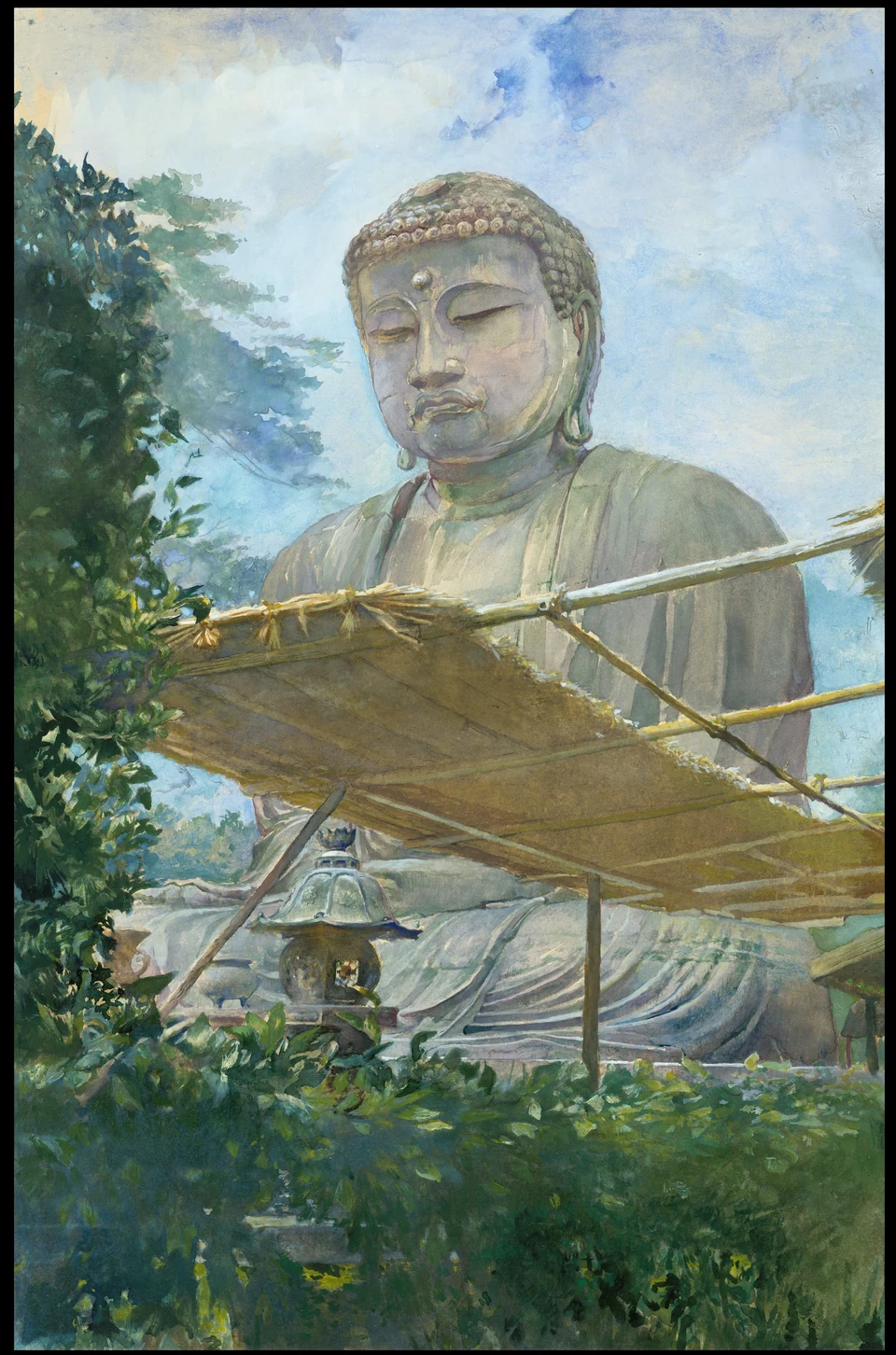 In an 1887 watercolour, the great bronze Buddha rises above a reed shelter and lantern, surrounded by green foliage and open sky.