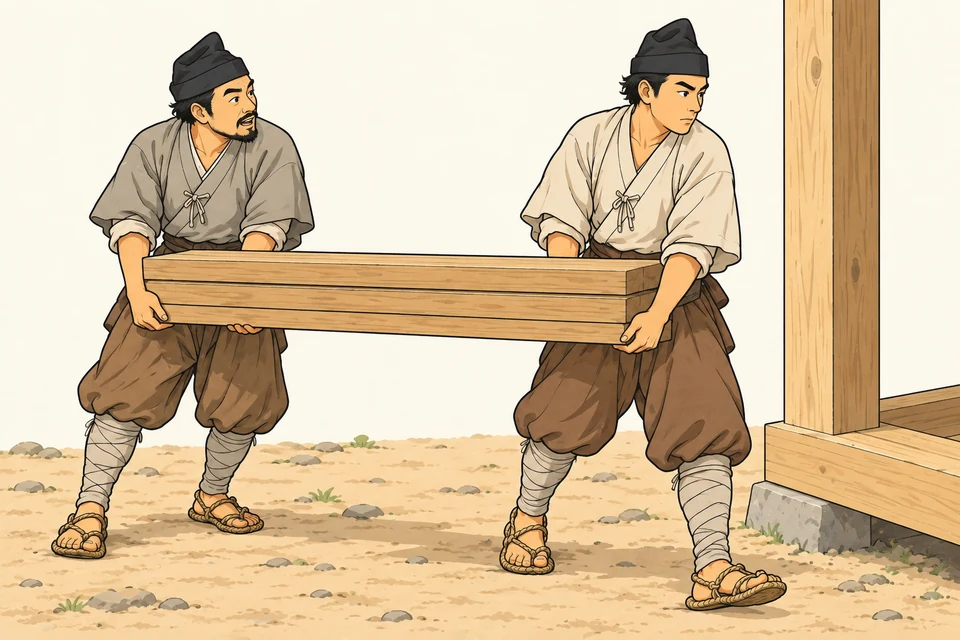 Two adult workers with soft black caps, tied plain tops, gathered trousers and leg wraps carry three boards toward a timber threshold. The rear worker looks toward his partner; both support the load.