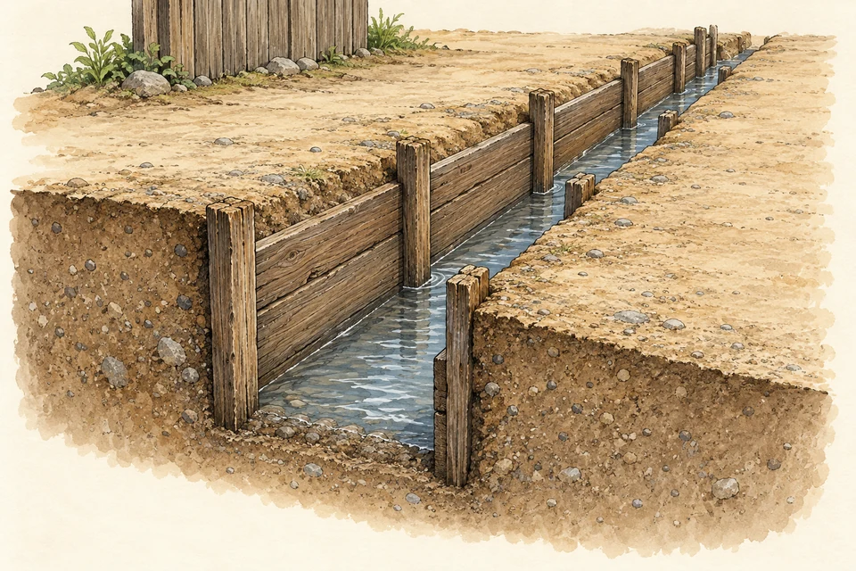 Horizontal boards held by wooden stakes retain the earth beside an open water channel. A packed-earth path and a fragment of board wall stand beside it.