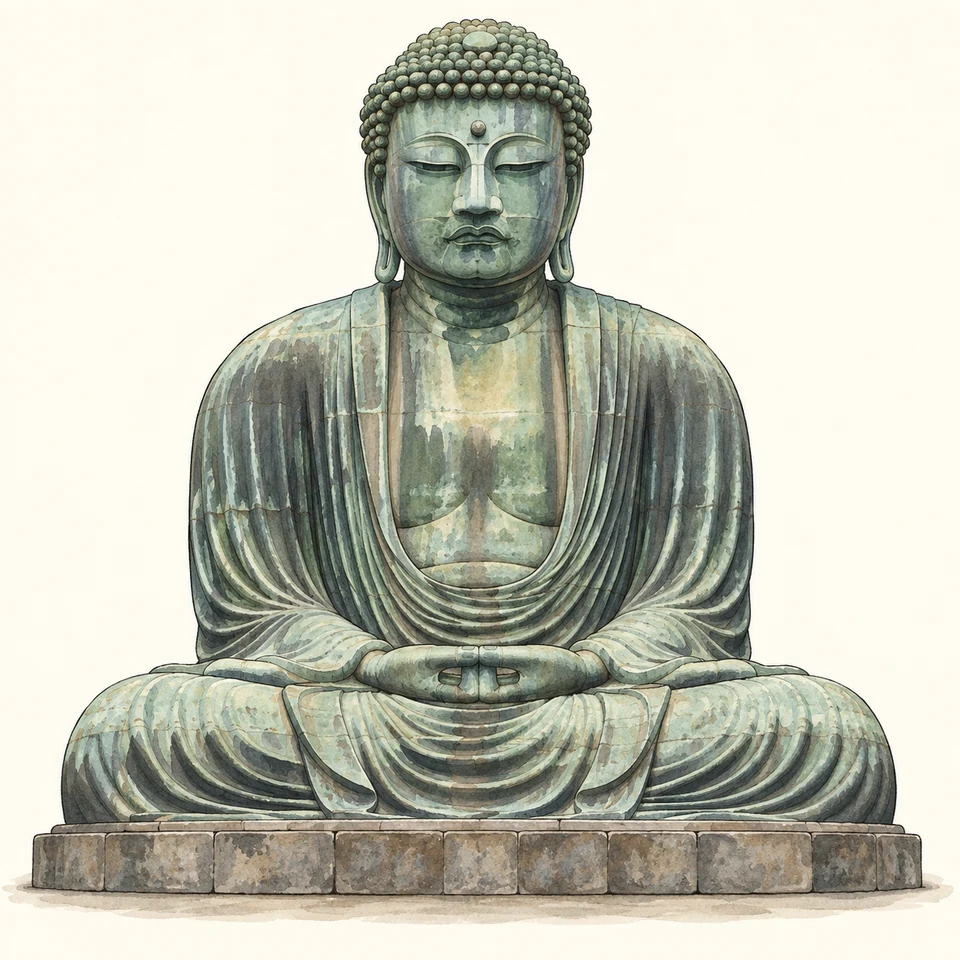 A broad seated green-bronze Amida has coiled hair, long ears, a slightly bowed head, covered shoulders and both meditation hands together low in its lap above crossed legs.