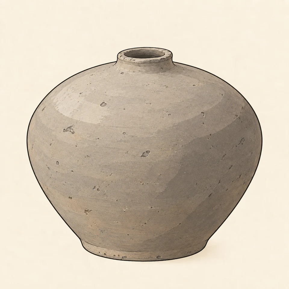 A plain grey pottery bottle has a very short narrow mouth, broad rounded shoulder and a body tapering to a small flat base.