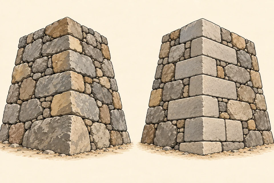 Two sloping stone-wall corners stand separately. The left uses rough elongated corner stones and irregular packing; the right has more shaped rectangular corner blocks and adjacent blocks, with irregular stone farther away.