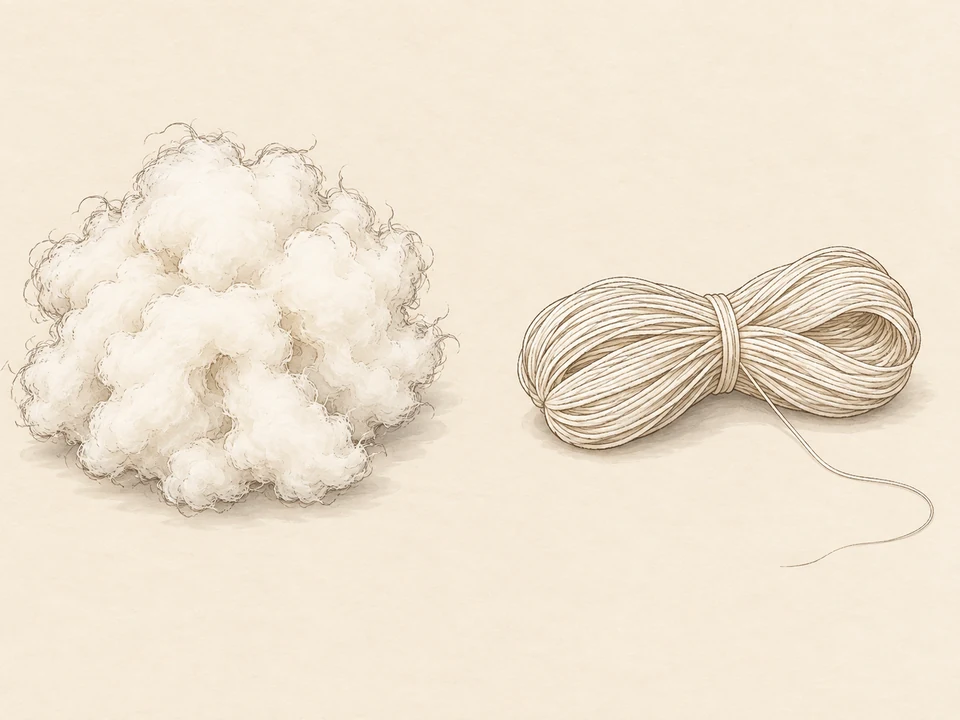 Loose fluffy prepared cotton lies beside a looped and lightly tied hank of fine off-white yarn with a thin trailing end.