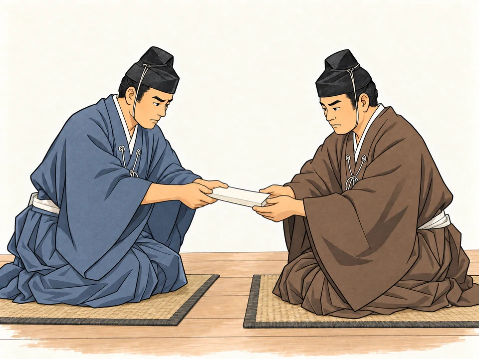 Two mature warriors in matching blue-grey and brown hitatare and hakama kneel on separate mats, passing one folded document. Black folded caps have retaining cords.