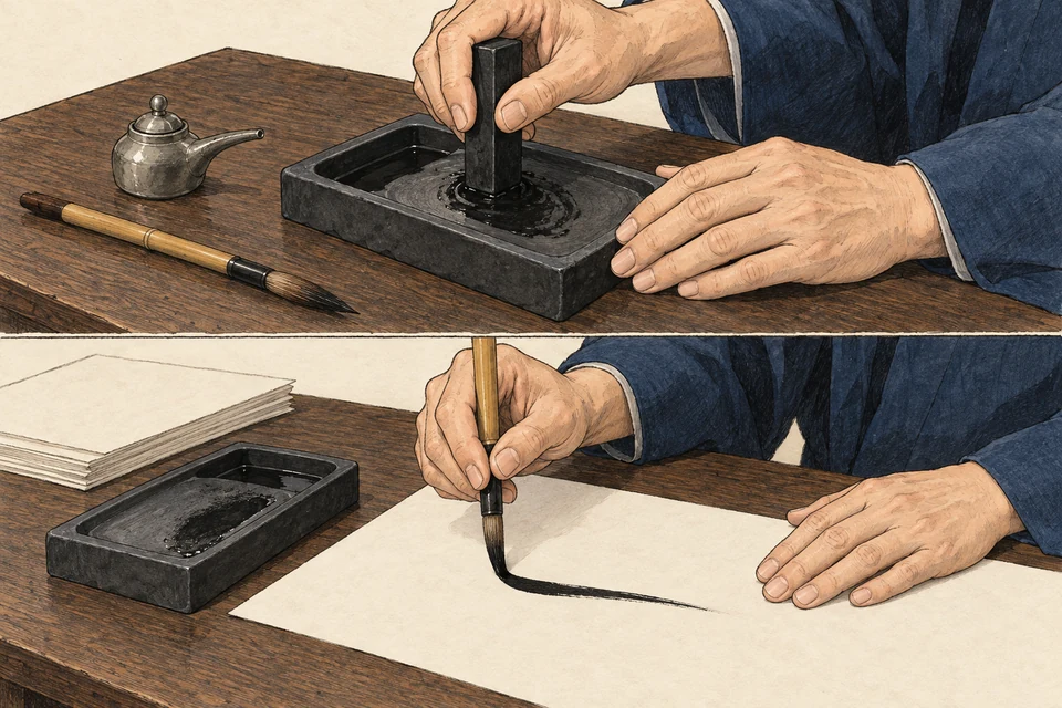 Hands grind an inkstick on an inkstone; below, a brush lays down a stroke while the other hand holds the paper.