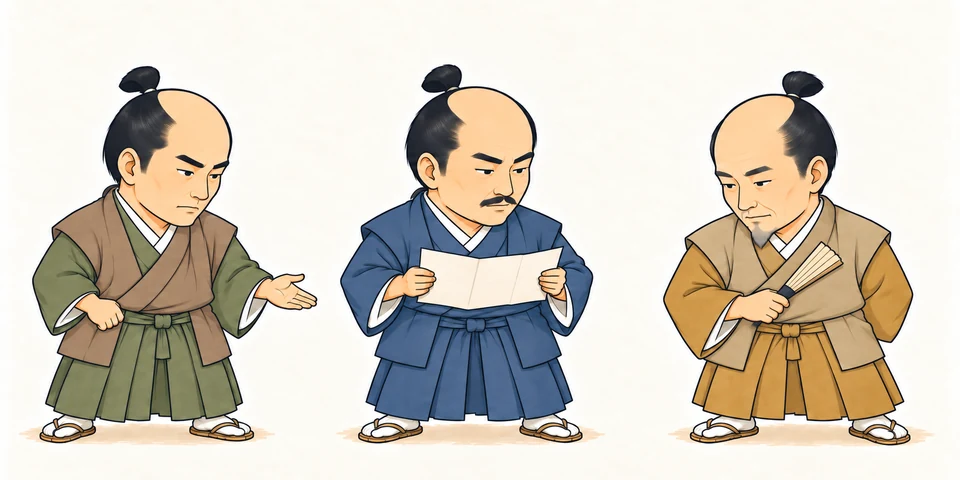 Three compact adult warrior figures: one gestures with an open hand, one reads a folded blank paper, and one holds a closed fan.