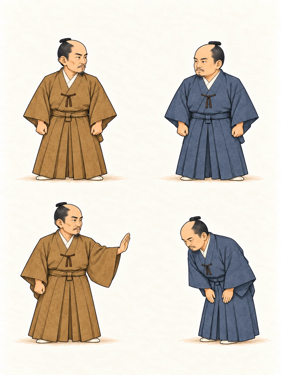 Hideyoshi in ochre and Ieyasu in blue face one another above. Below, the same Ieyasu bows while Hideyoshi remains upright. Their faces and matching suō outfits stay consistent.