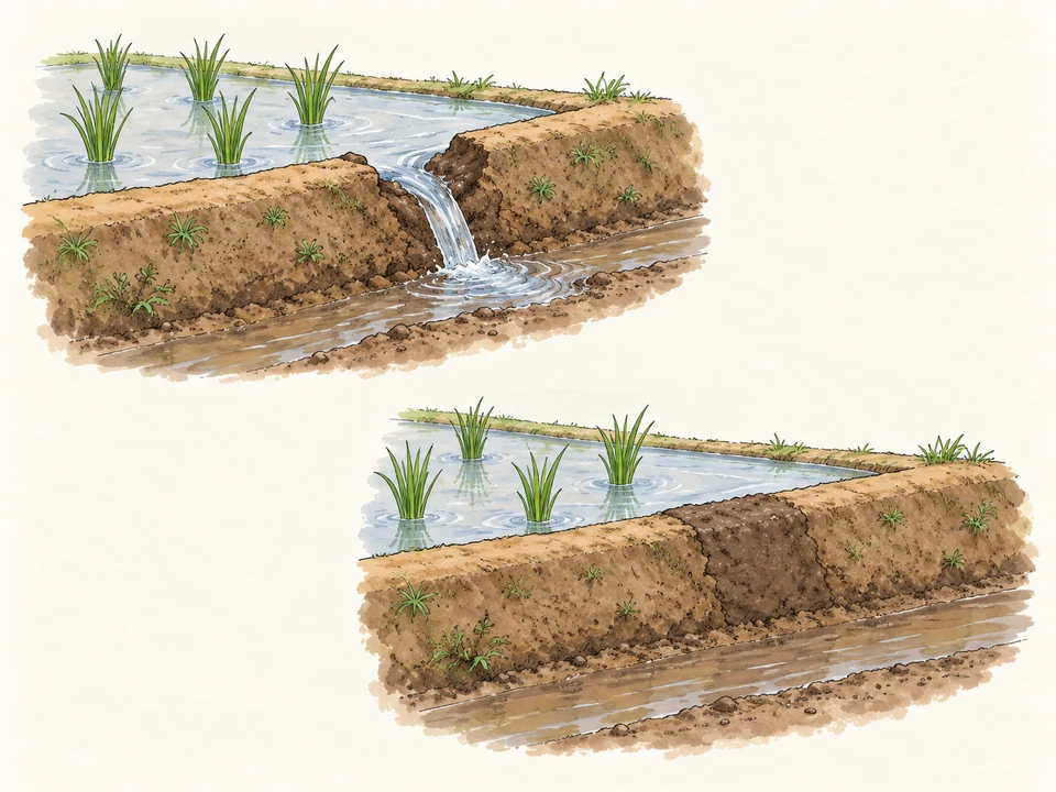 Water escapes through a break in an earthen paddy bank in the upper view. In the lower view, a fresh earth patch closes the gap and holds shallow water behind the bank.