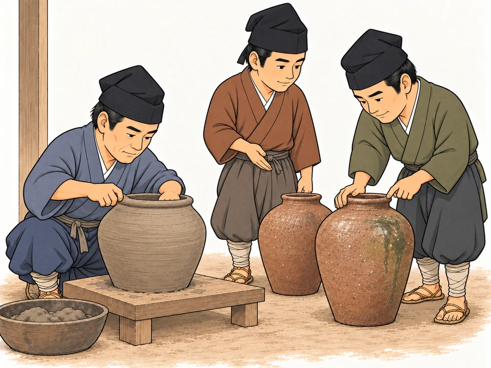 A potter presses clay around a storage jar while two other adults present and examine separately fired jars. Soft black caps and practical narrow-sleeved clothes distinguish the late-medieval working scene.