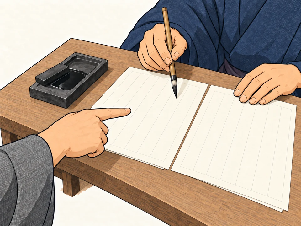 A pointing hand supplies information while a second person holds a brush above loose, blank, vertically ruled sheets. An inkstone and inkstick sit beside the paper.
