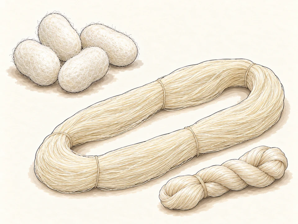 Four intact fibrous cocoons sit apart from a long fine raw-silk skein tied at intervals and a compact twisted skein. The material specimens are enlarged independently.