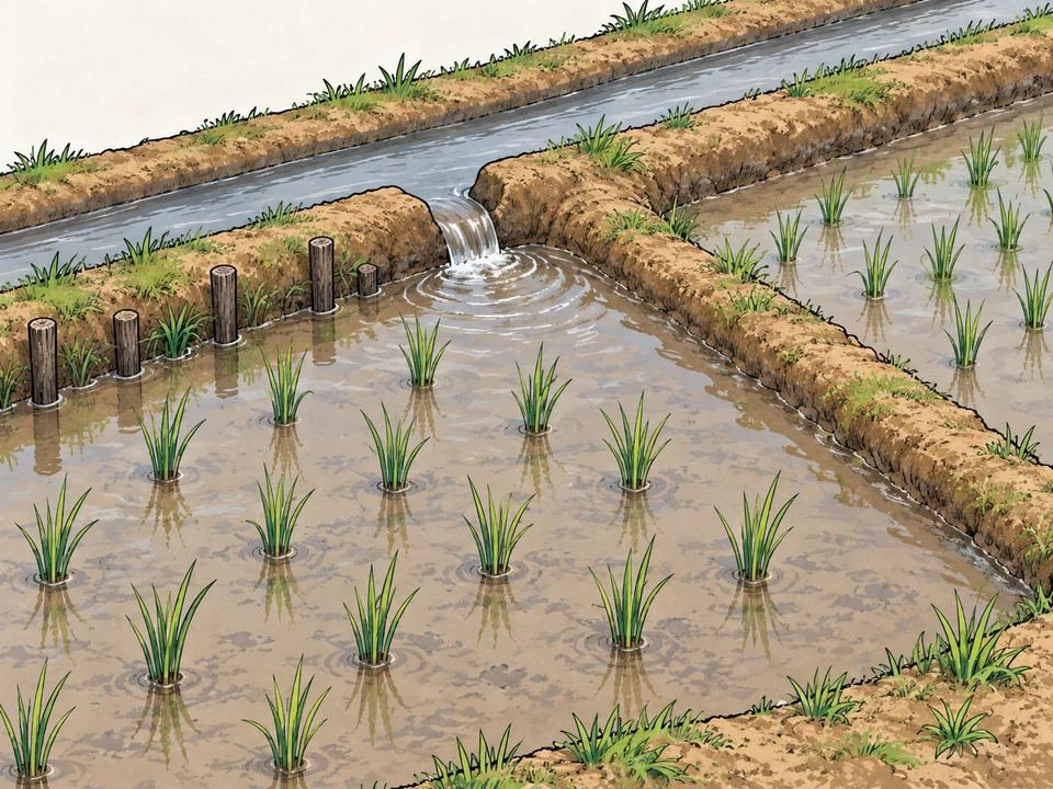 An earthen feeder channel supplies a shallow rice plot through a bank opening. Raised earth separates a second plot; wooden stakes reinforce one edge.