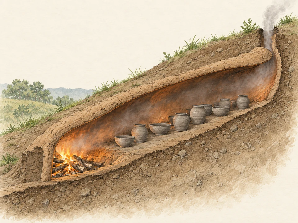 A cutaway through an earthen hillside kiln shows burning wood at the low mouth, pottery farther uphill in one continuous clay-roofed chamber, and smoke leaving a short passage at the upper end.