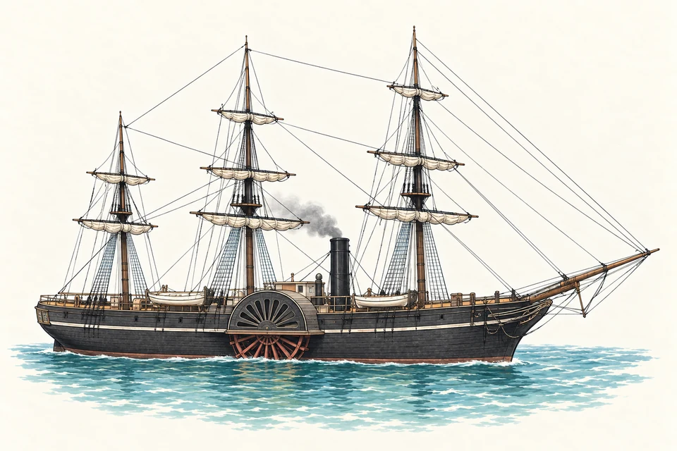 A side-wheel steam frigate combines three masts, a funnel and a large paddle wheel.