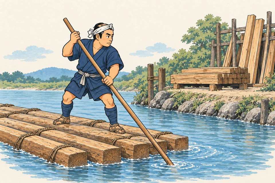 A compact adult-comic Edo worker braces his feet on floating timber and holds a pole with both hands. Beside the water, cut wood is stacked on supports and long planks lean in a rack.