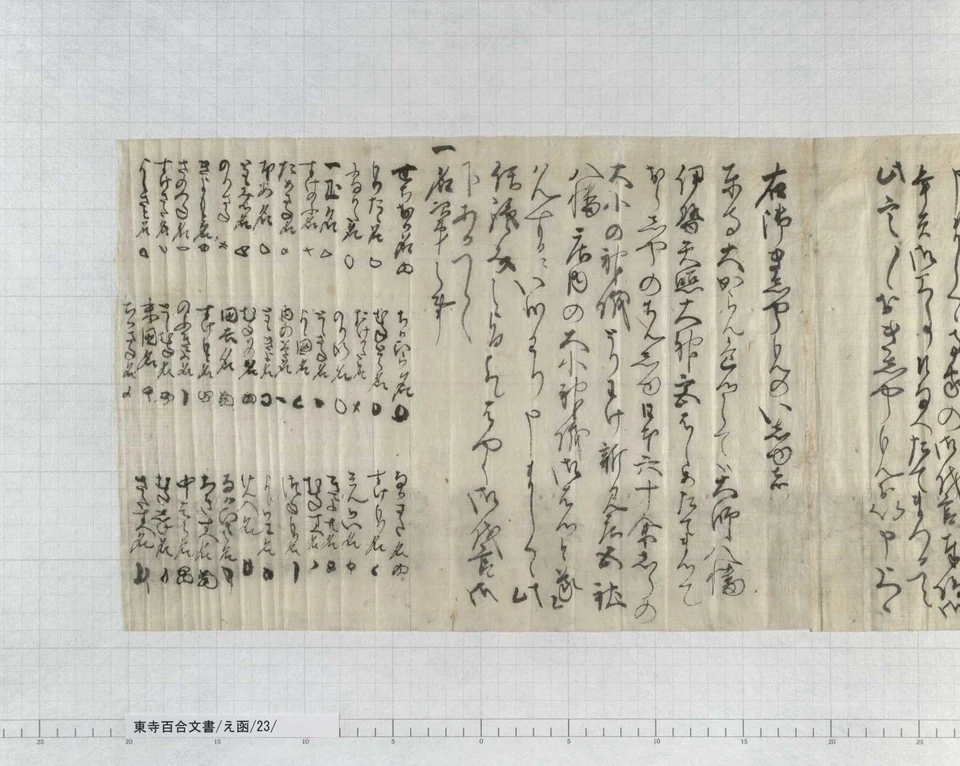 A selected scan of a 1461 petition and oath shows longer lines of writing on the right and groups of shorter names and marks on the left, with the recording ruler below.
