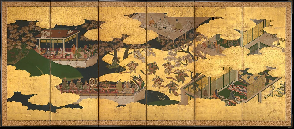 A six-panel gold-ground screen depicts decorated boats beside court rooms and bird-and-butterfly dancers. Several narrative moments occupy one surface.