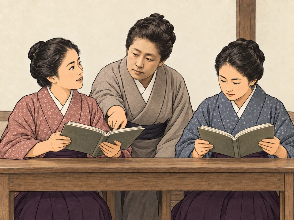 Tsuda Umeko points to a book while one young adult student looks up to speak and another reads independently. All three wear source-informed early1900s kimono; students wear dark hakama.