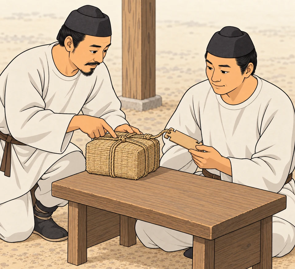 Two adult men in plain pale tunics and small dark caps attend to a fibre-wrapped bundle on a low table. One indicates its binding; the other holds a blank notched wooden label attached by cord.