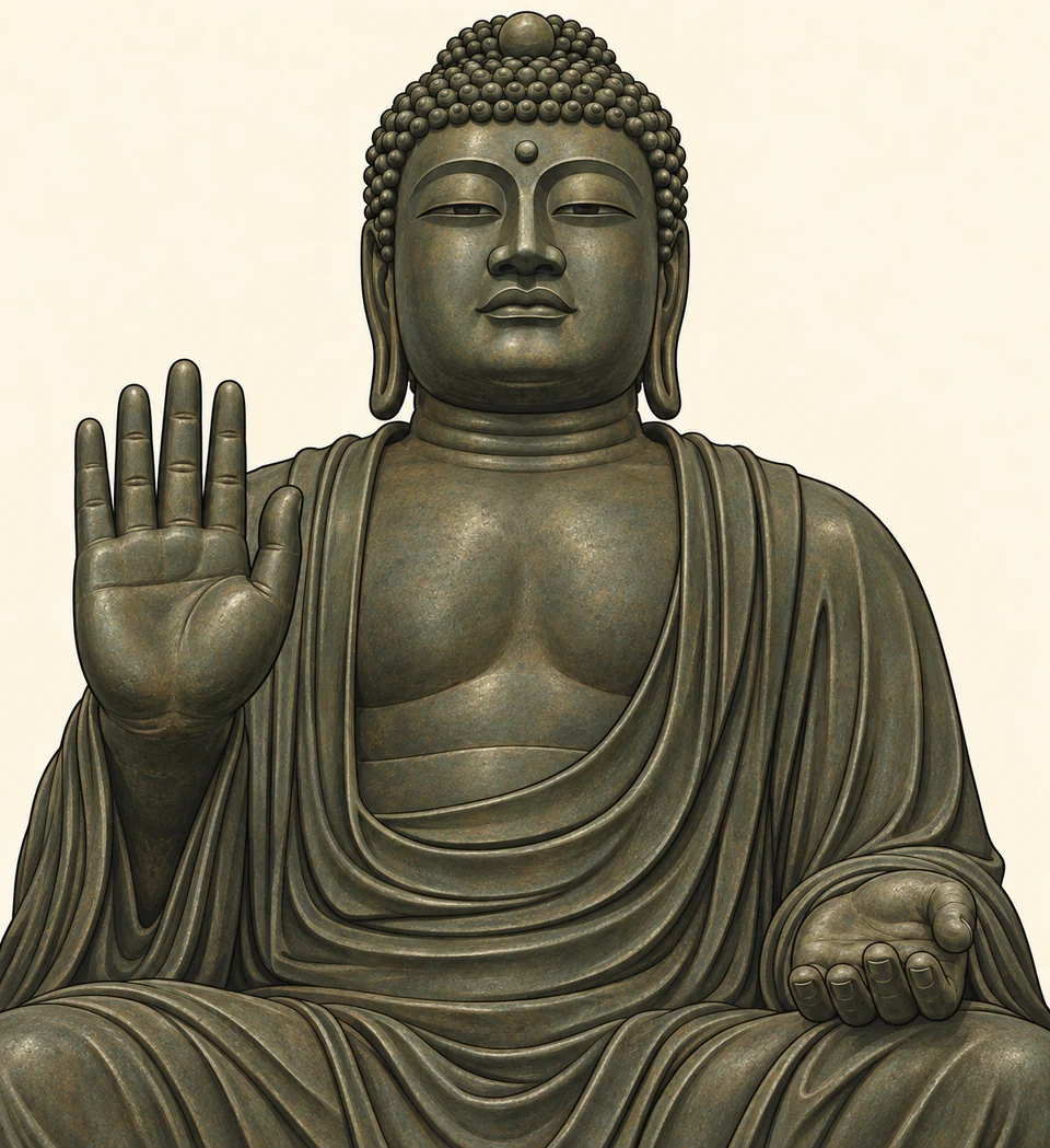 Partial frontal study of Nara’s bronze Vairocana from coiled hair to lap, with an upright broad face, long ears, right palm raised on the viewer’s left and left palm held upward below on the viewer’s right.