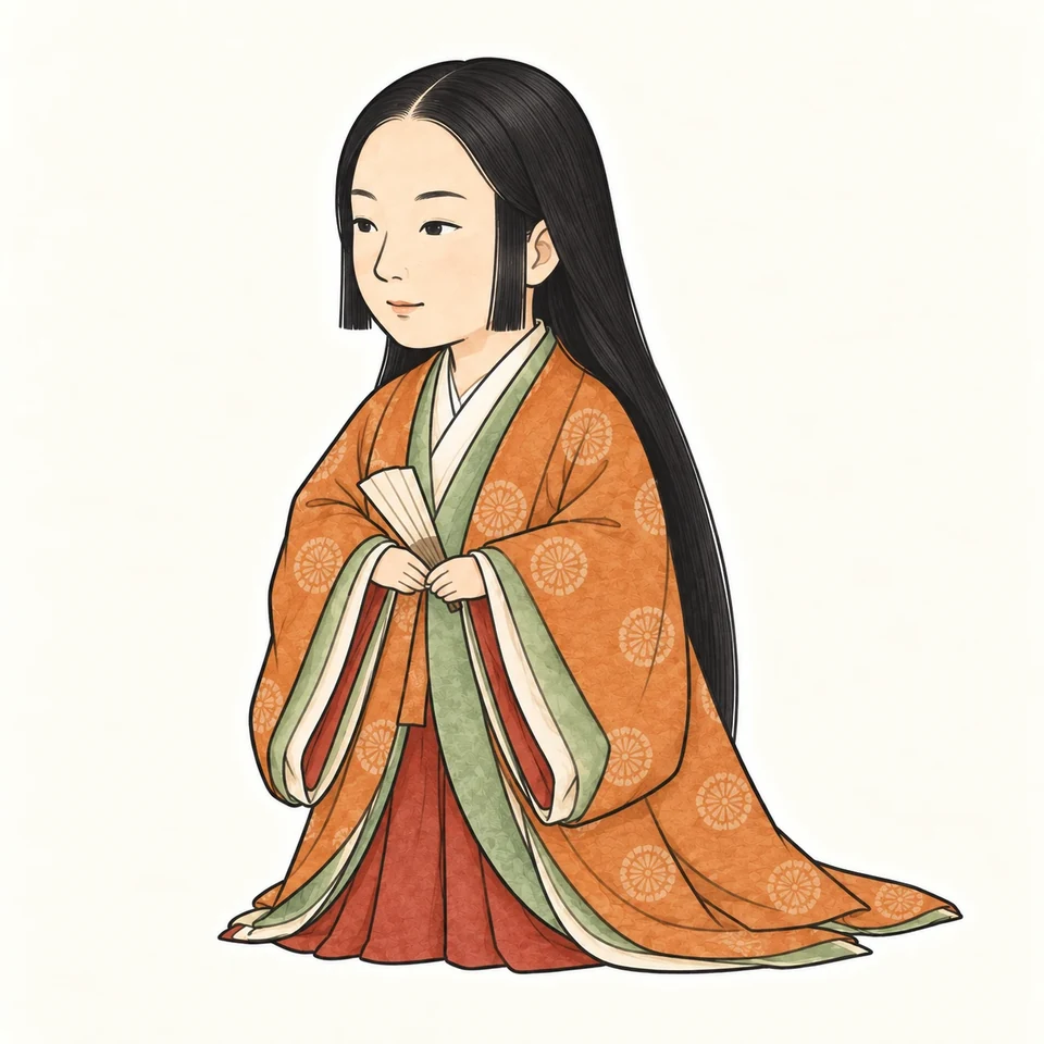 An anonymous adult Heian court attendant in layered robes holds a folding fan. Long loose hair frames her face. This is not a portrait of Murasaki Shikibu.