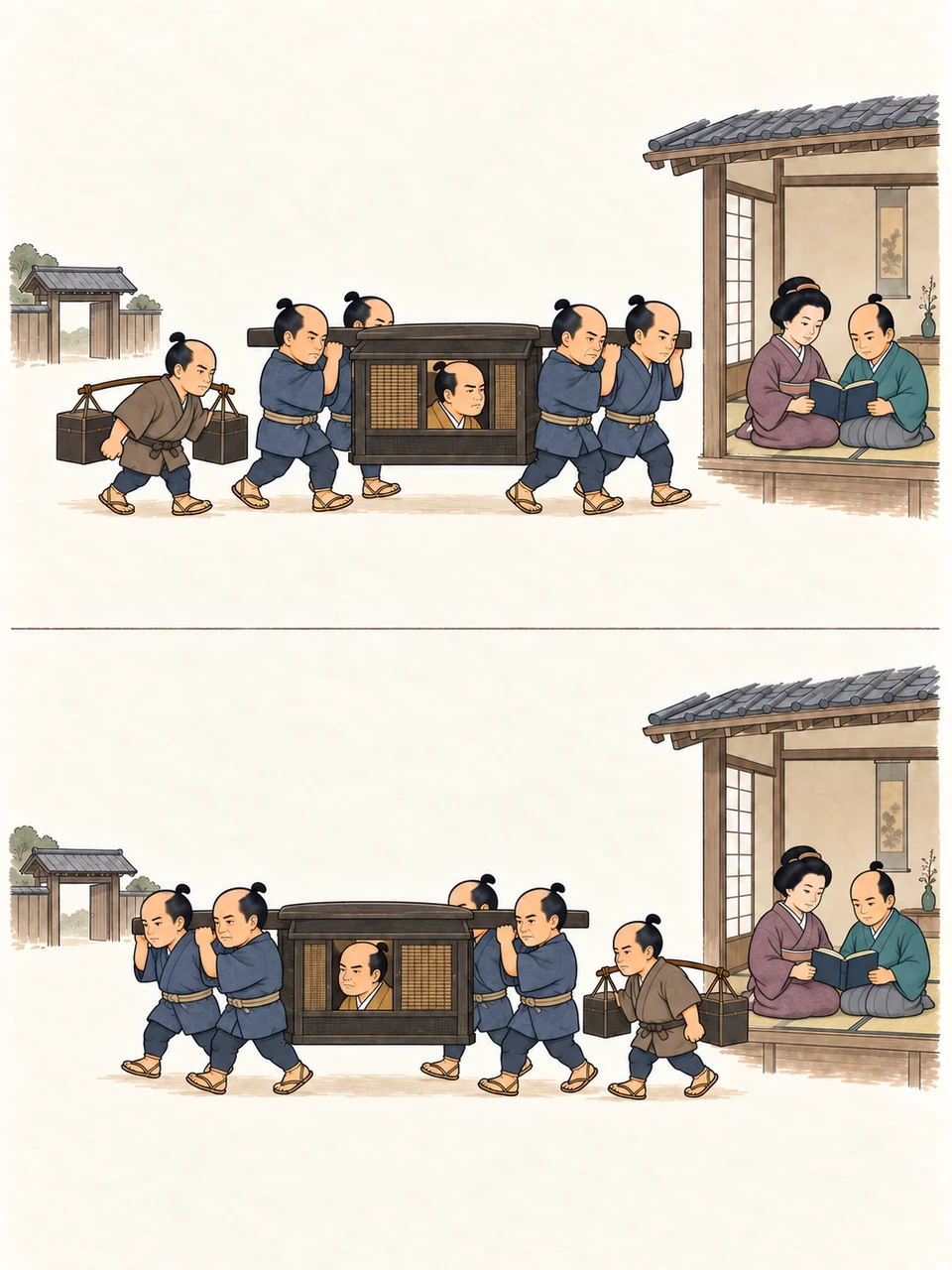 A lord travels toward an Edo residence in the upper scene and away in the lower. Porters carry the sedan and luggage; a woman and mature heir remain in the residence in both scenes.