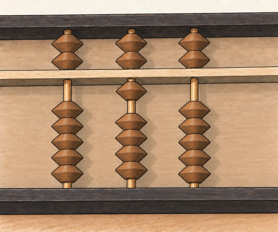 Three rods in a larger wooden abacus each carry two upper and five lower beads. One lower bead on the central rod is separated from the four beneath it.