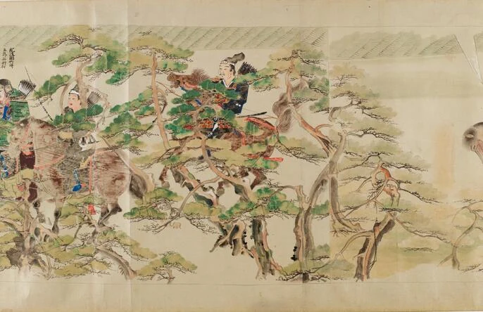 In a nineteenth-century copy of the invasion scroll, pine branches partly screen mounted warriors and a walking attendant. Bows, quivers and layered armour remain visible.