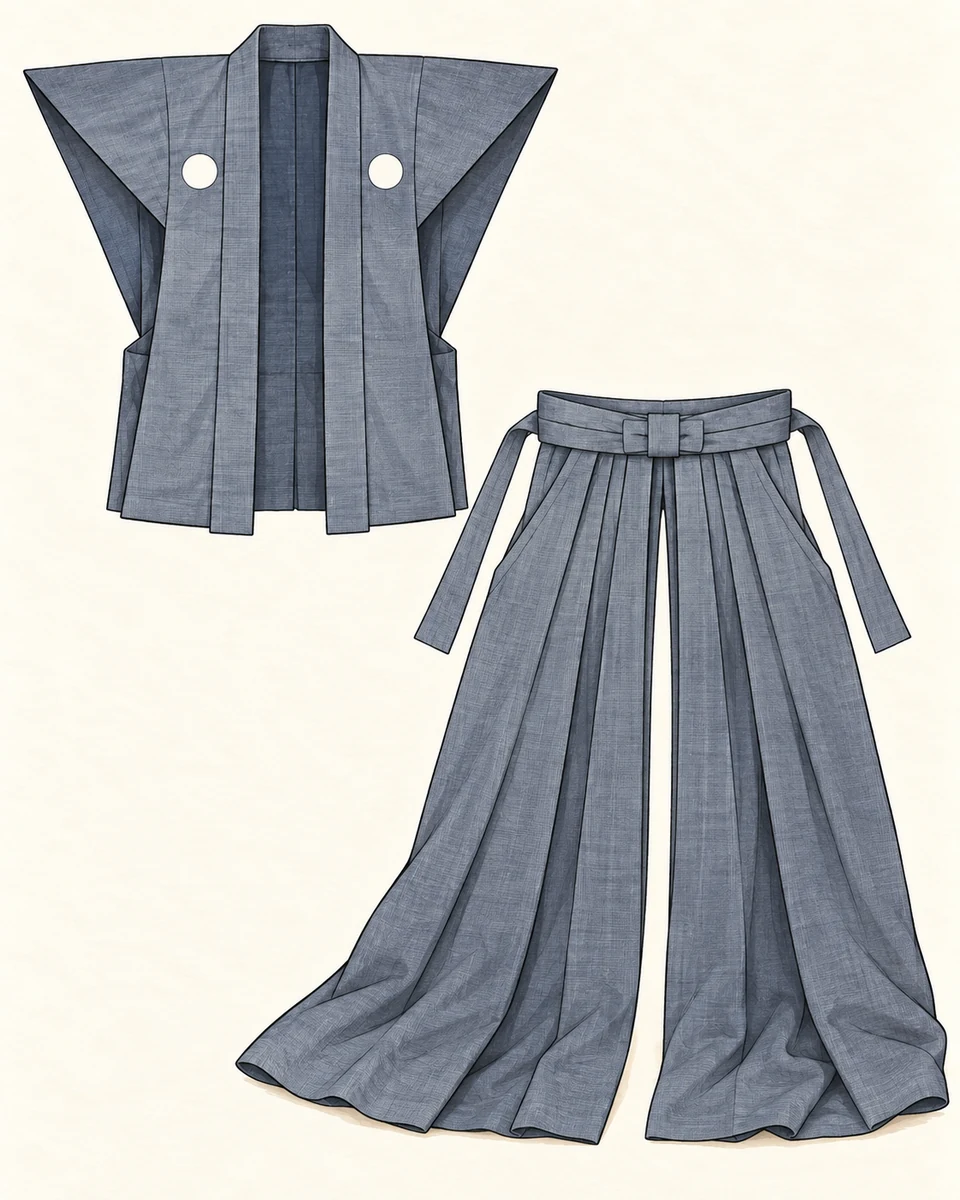 A grey-blue sleeveless kataginu with stiff projecting shoulders appears separately from matching pleated naga-hakama, whose two long legs trail below the waist.