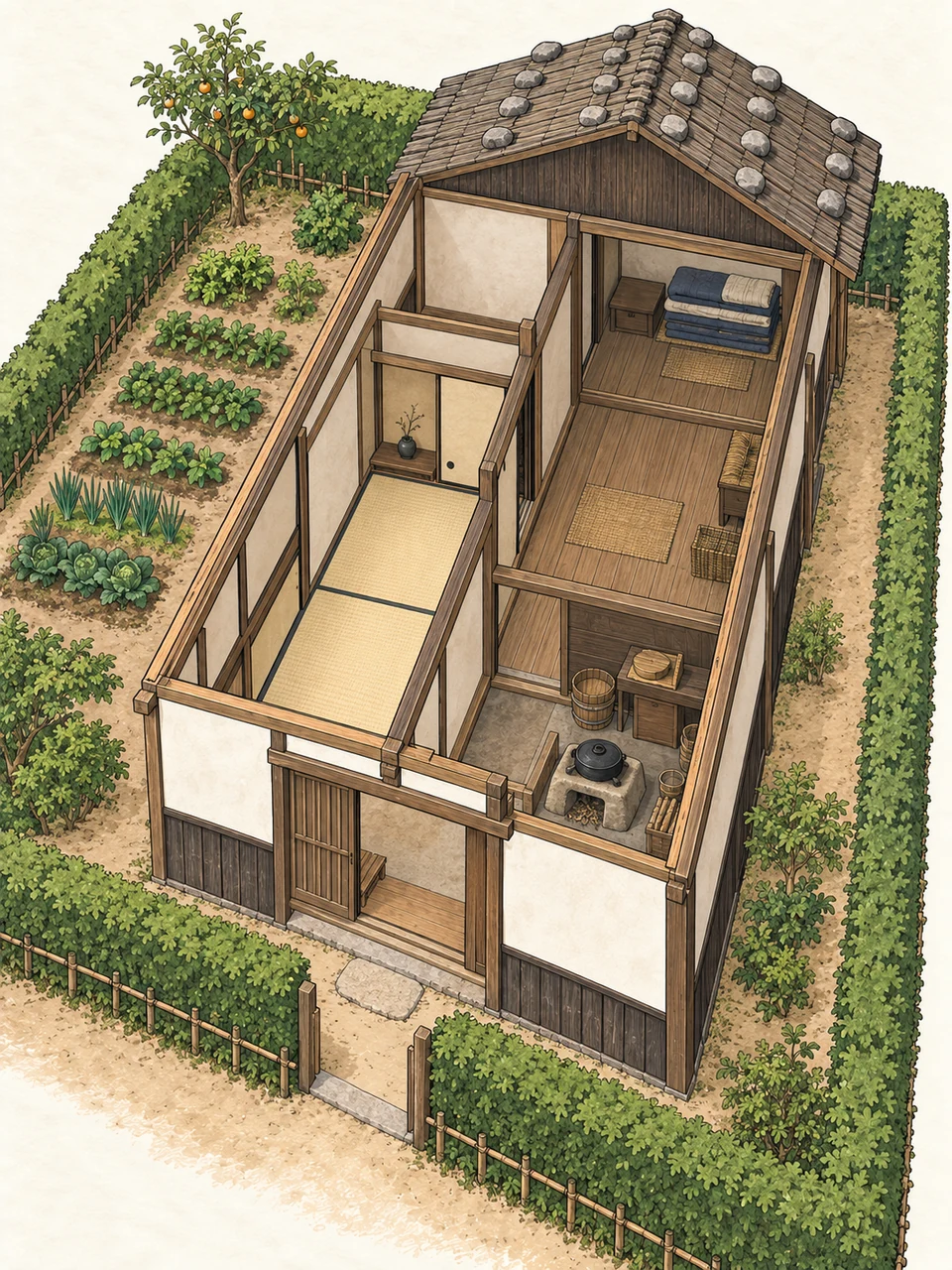 A cutaway single-storey house separates a narrow tatami reception side from cooking, living and stored bedding. Vegetables and a fruit tree occupy its garden; stones weigh down the remaining wooden roof.