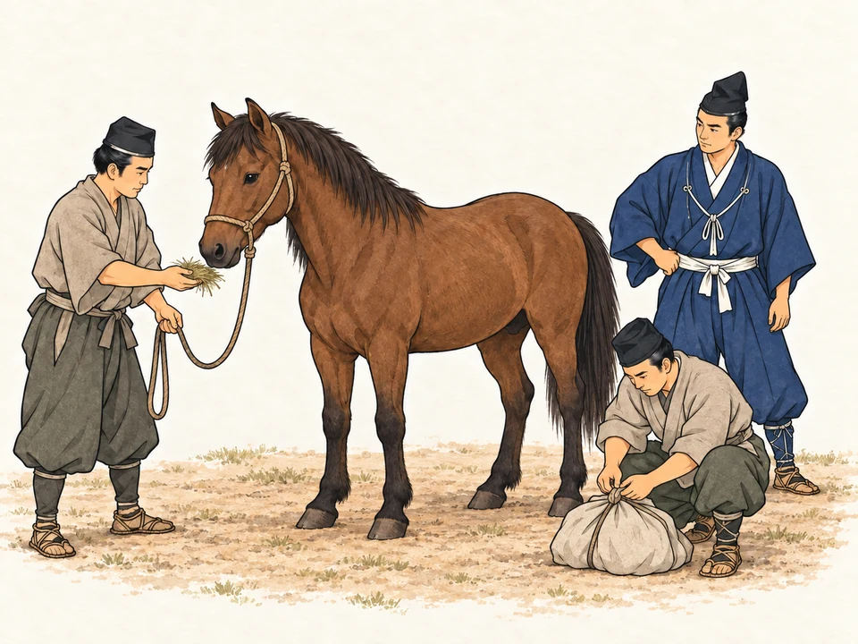 One attendant offers fodder while holding a brown horse by a slack lead rope. A second ties a cloth bundle as an unarmoured warrior watches. All wear source-informed medieval Japanese clothing.