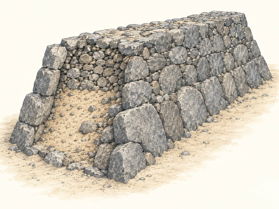 A short, broad stone wall has an explanatory opening at its near end, exposing pale lower sand fill and an upper mass of stones between irregular stone faces.